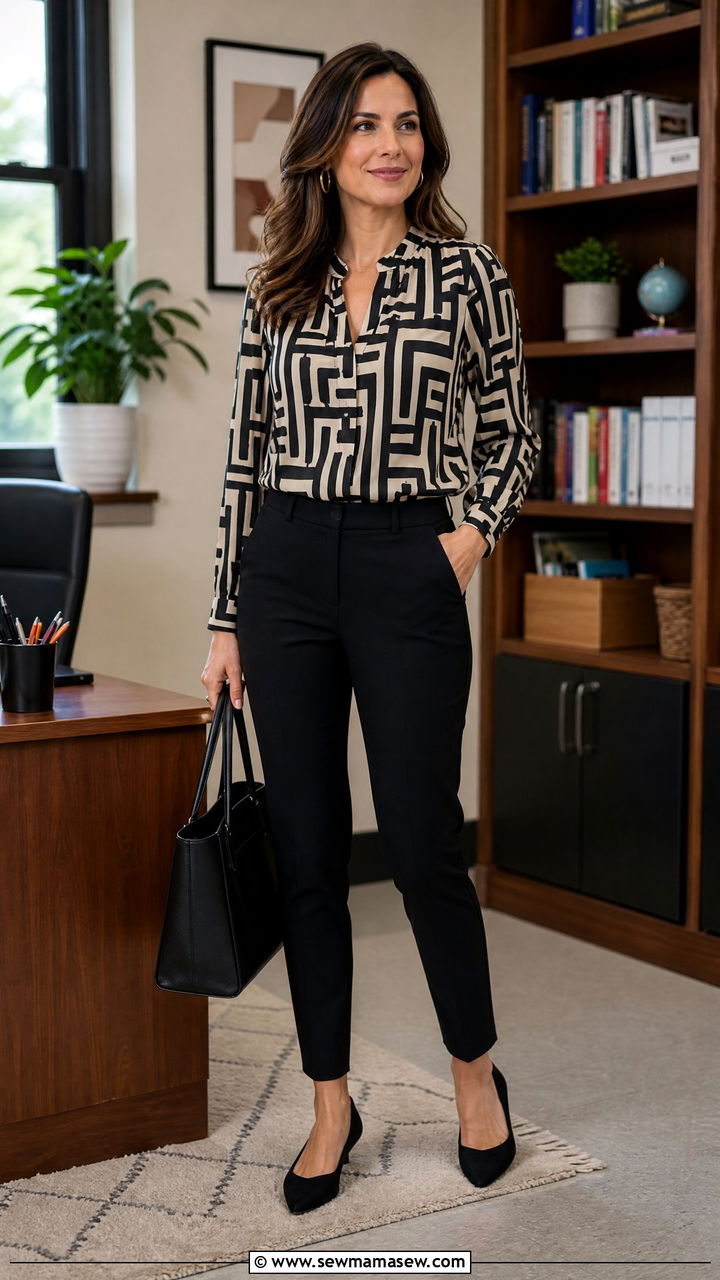 Black trousers with patterned blouse - 30 Music teacher outfit ideas