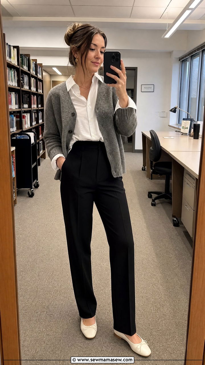 Black trousers with white ballet flats white shirt and grey cardigan - 35 Librarian outfit ideas for work
