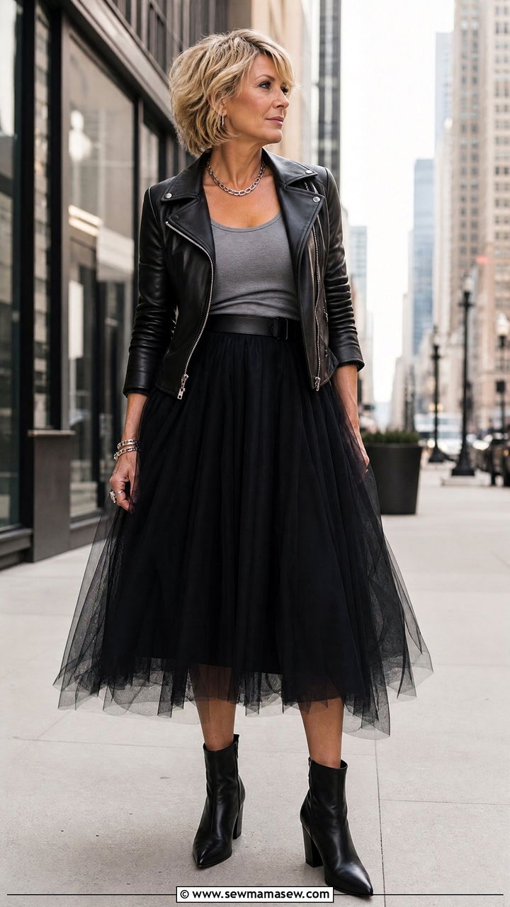 Black tulle skirt with leather jacket outfit - 25 Tulle skirt outfit ideas for women over 40