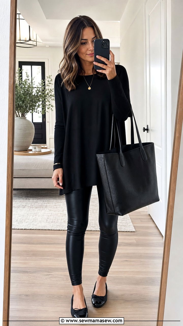 Black tunic with black leggings - 35 black outfit ideas for women