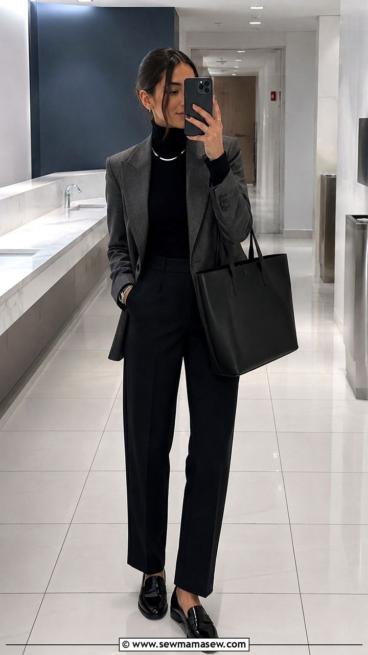 Black turtleneck and blazer with tailored trousers - 25 Work outfit ideas for Monday