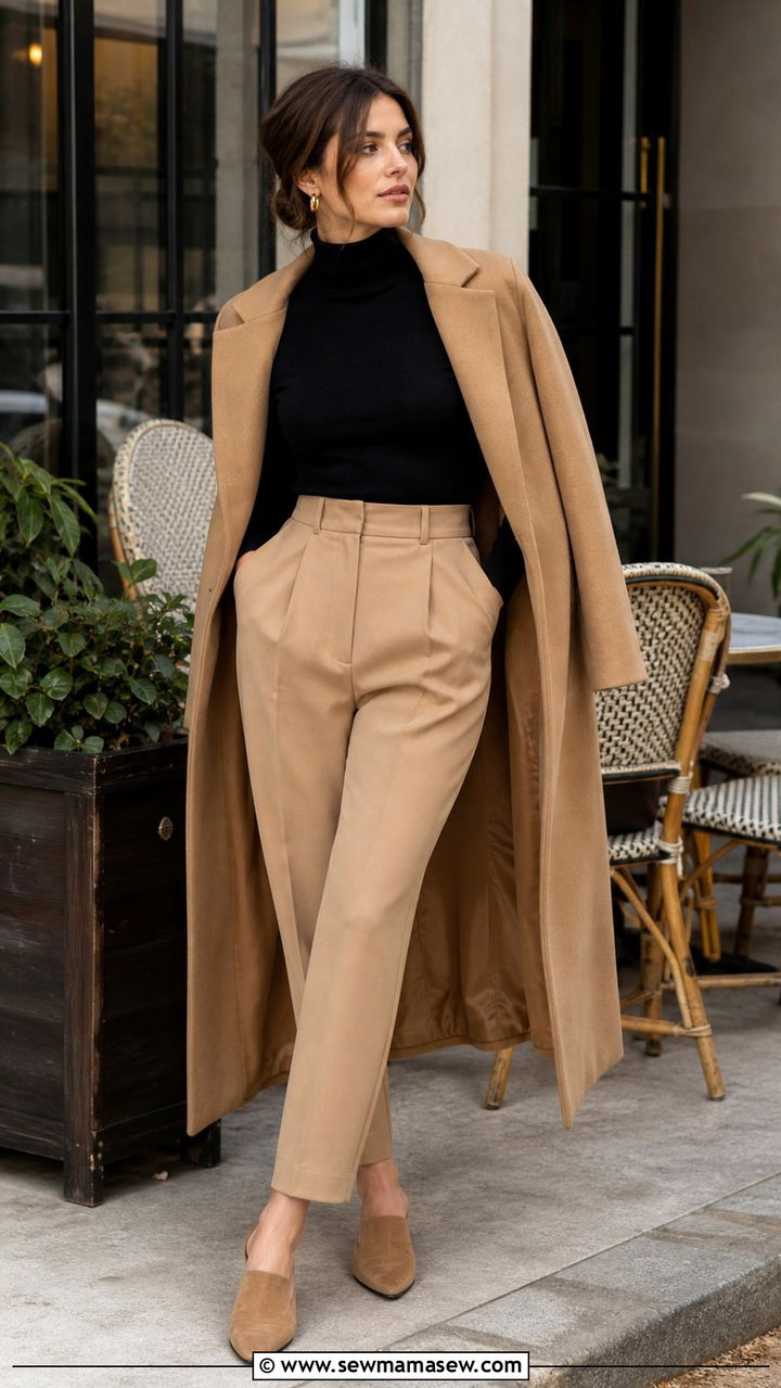 Black turtleneck and camel tailored trousers outfit - 40 Paris outfits