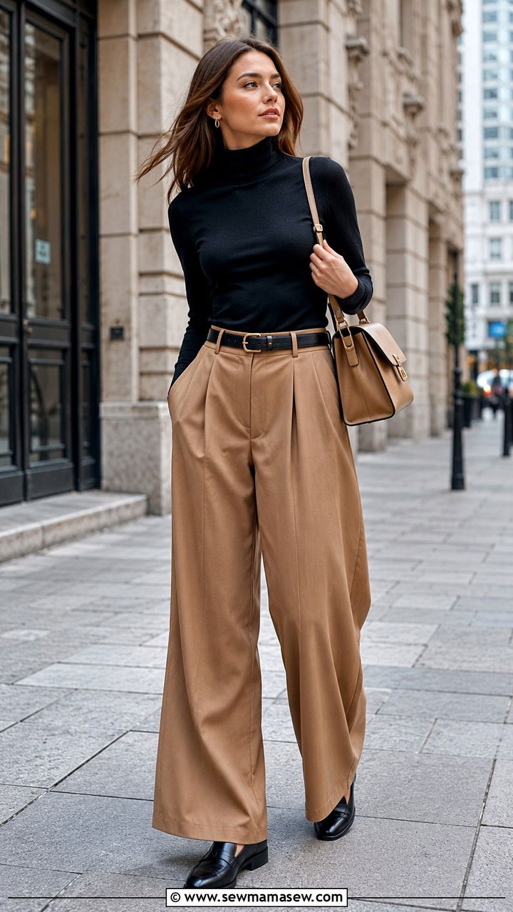Black turtleneck and camel wide leg trousers outfit - 30 Spring minimalist outfits 2026