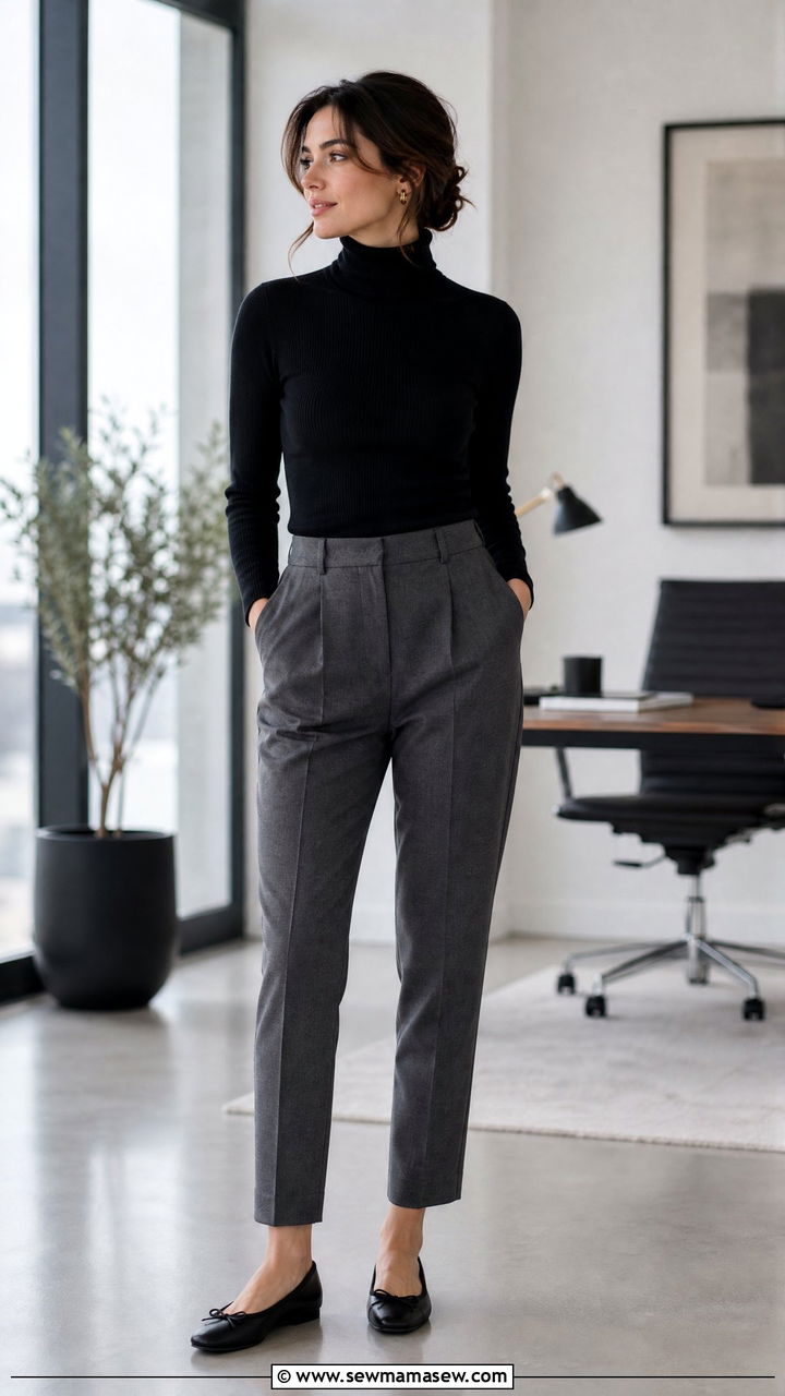Black turtleneck and gray trousers with black ballet flats - 25 Business casual outfits with flats