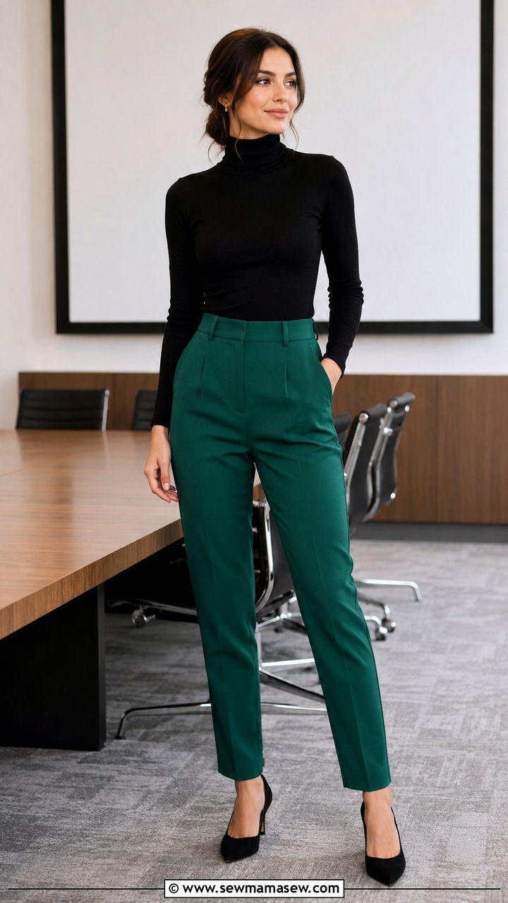 Black turtleneck and green suit pants outfit - 30 librarian core outfits for women
