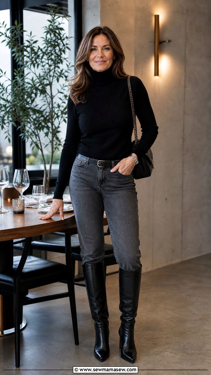 Black turtleneck and grey straight leg jeans - 35 Mature woman outfit ideas