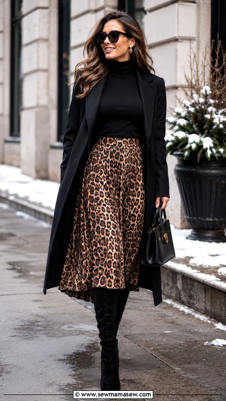 Black turtleneck and leopard print skirt outfit - 20 Quiet luxury outfit ideas Kate Middleton