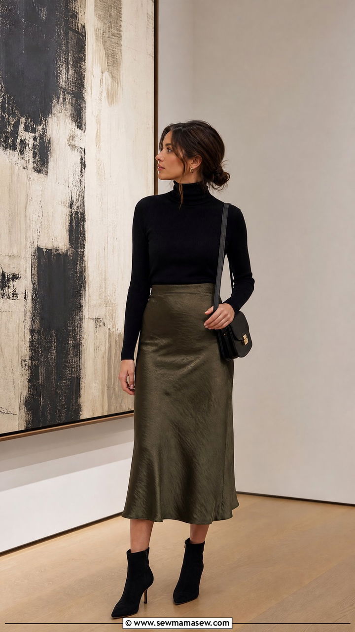 Black turtleneck and midi skirt gallery outfit - 30 Gallery opening outfit ideas