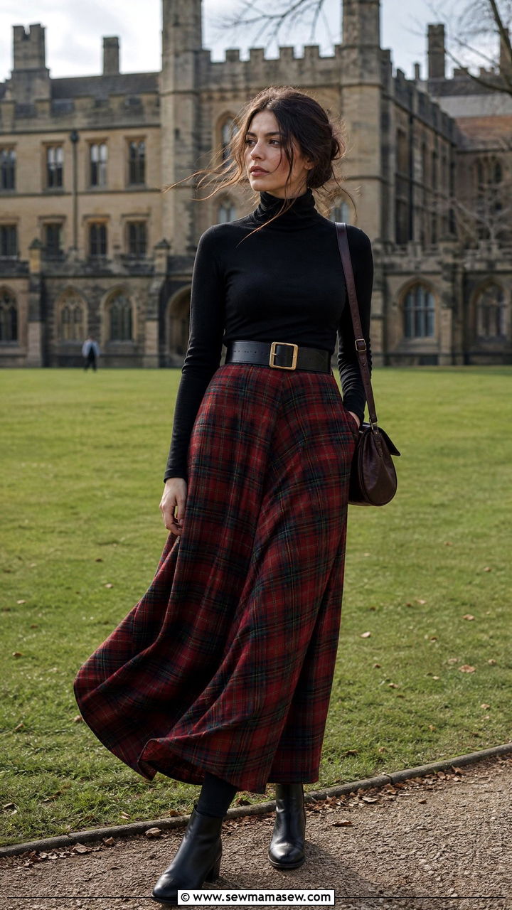Black turtleneck and plaid maxi skirt - 30 Dark academia school outfits