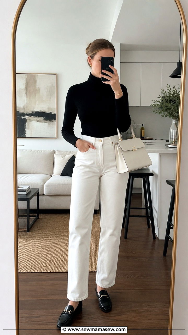 Black turtleneck and white jeans with loafers - 25 Old money outfit ideas with loafers