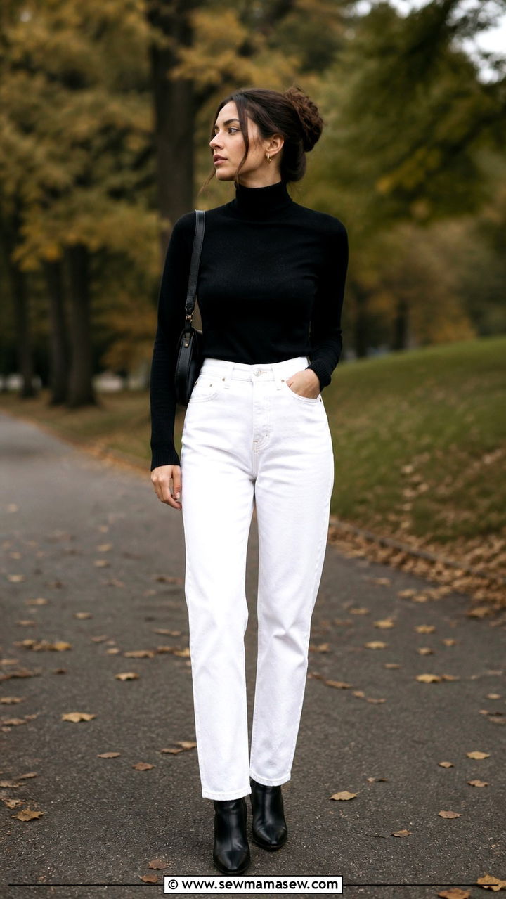 Black turtleneck and white straight leg jeans outfit - 40 Black and white outfit ideas