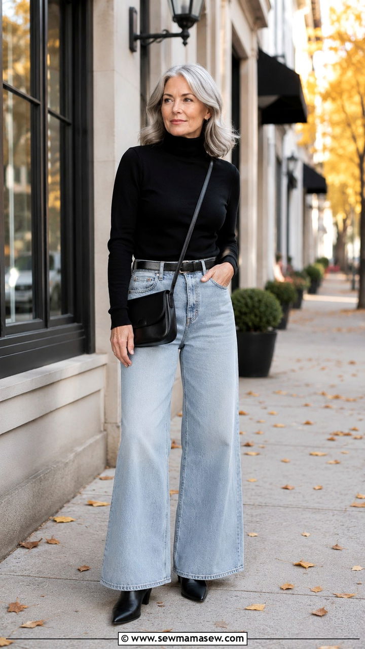 Black turtleneck and wide leg jeans over 50 - 20 How to style wide leg jeans over 50