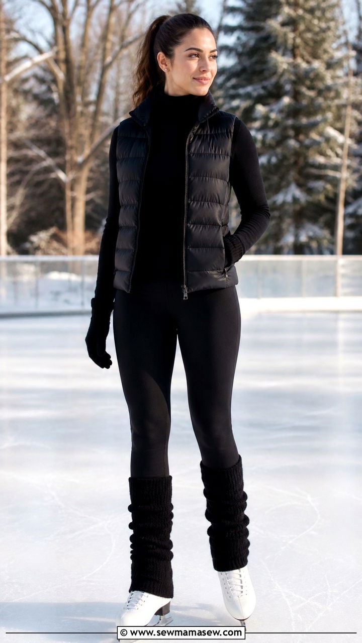 Black turtleneck fleece lined leggings and leg warmers skating look - 40 Ice skating outfit ideas