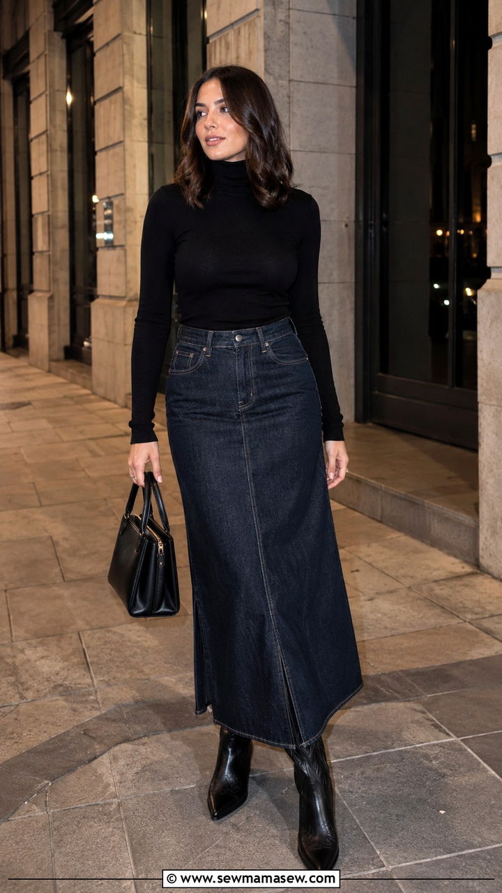 Black turtleneck long denim skirt with cowboy boots - 30 Long denim skirt outfit ideas with cowboy boots