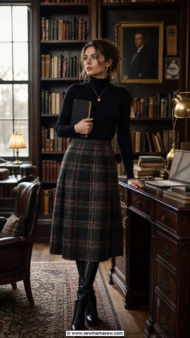 Black turtleneck with a plaid midi skirt and knee high boots - 35 Librarian outfit ideas for work