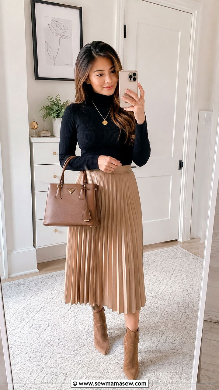 Black turtleneck with beige pleated midi skirt - 25 Petite French girl outfit ideas