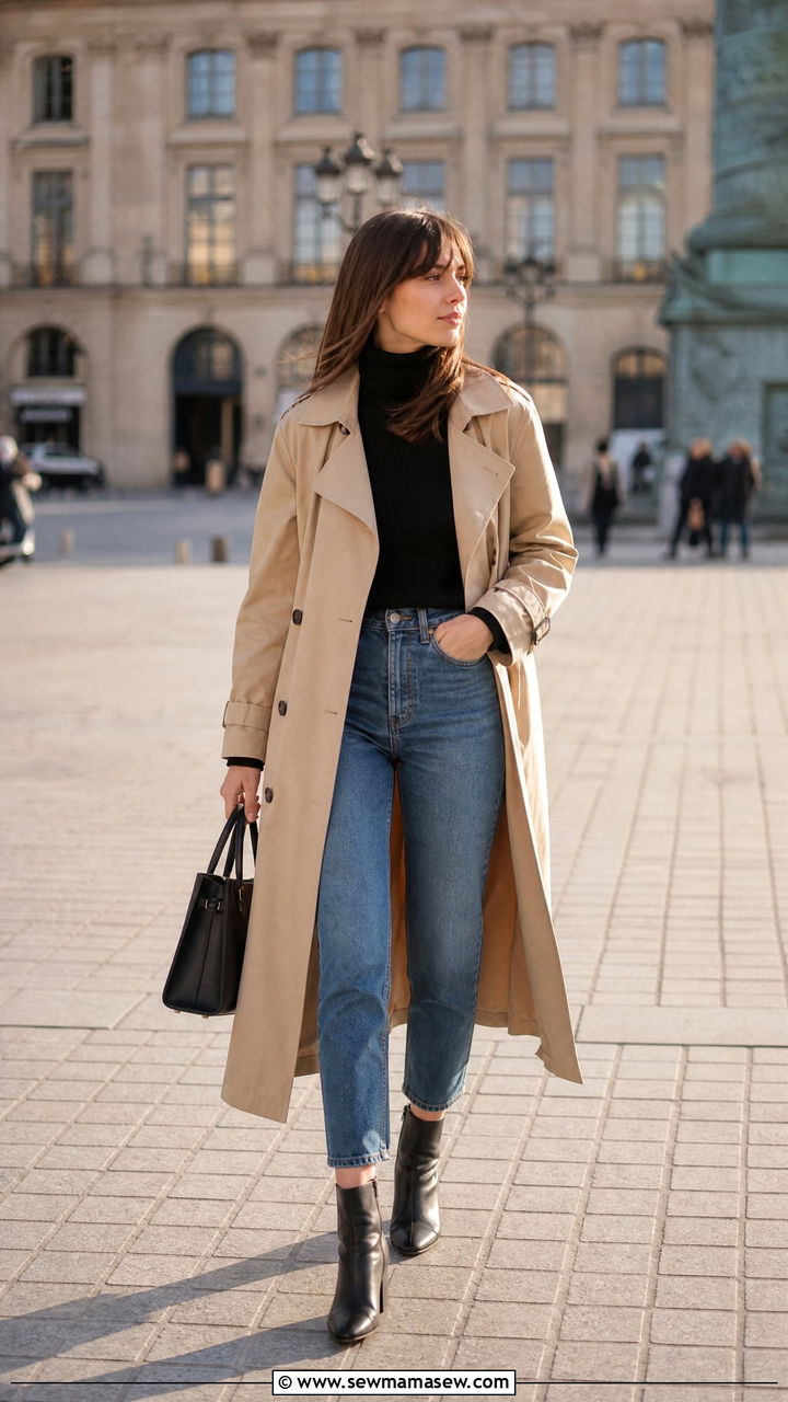 Black turtleneck with beige trench and cropped jeans - 30 casual french girl outfits