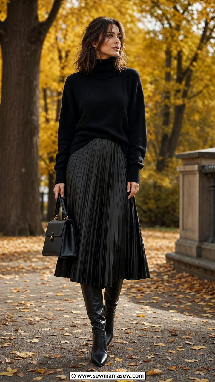 Black turtleneck with black midi skirt - 35 black outfit ideas for women