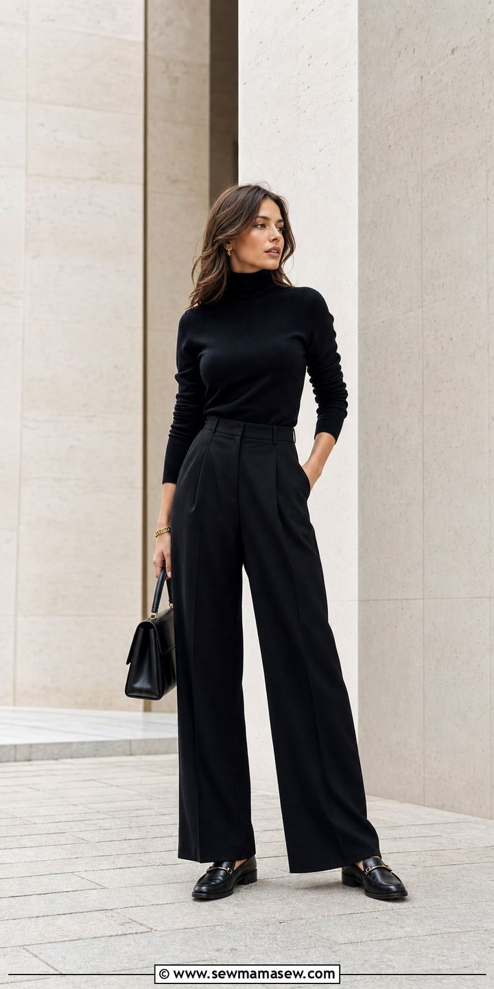 Black turtleneck with black wideleg trousers - 35 black outfit ideas for women