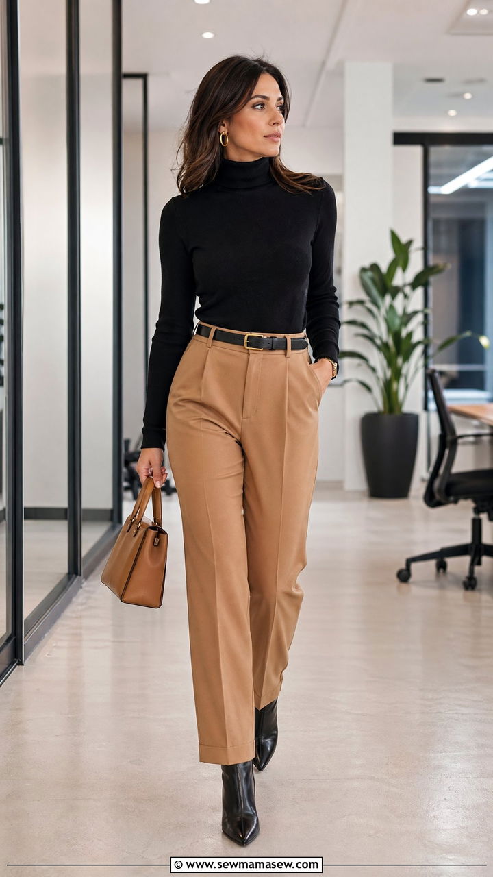 Black turtleneck with camel tailored trousers - 35 elegant outfits for women