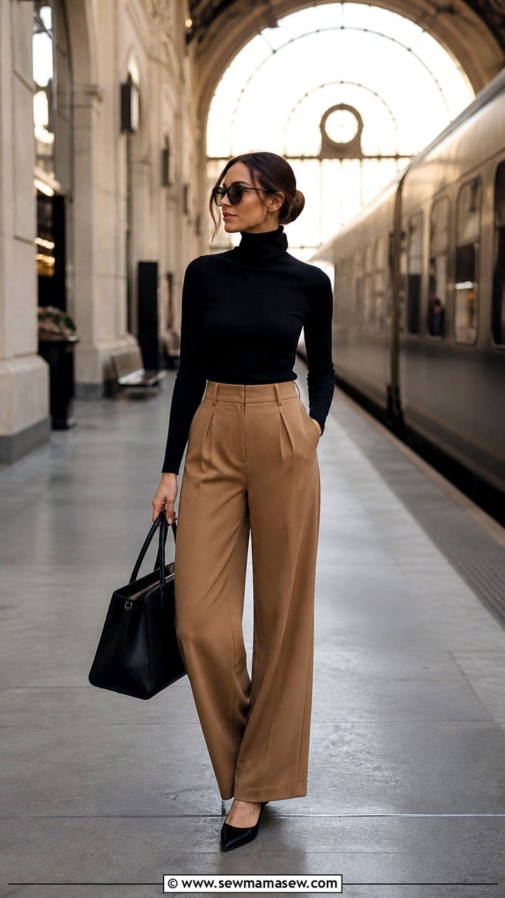 Black turtleneck with camel wide leg trousers and pointed flats - 40 travel outfits