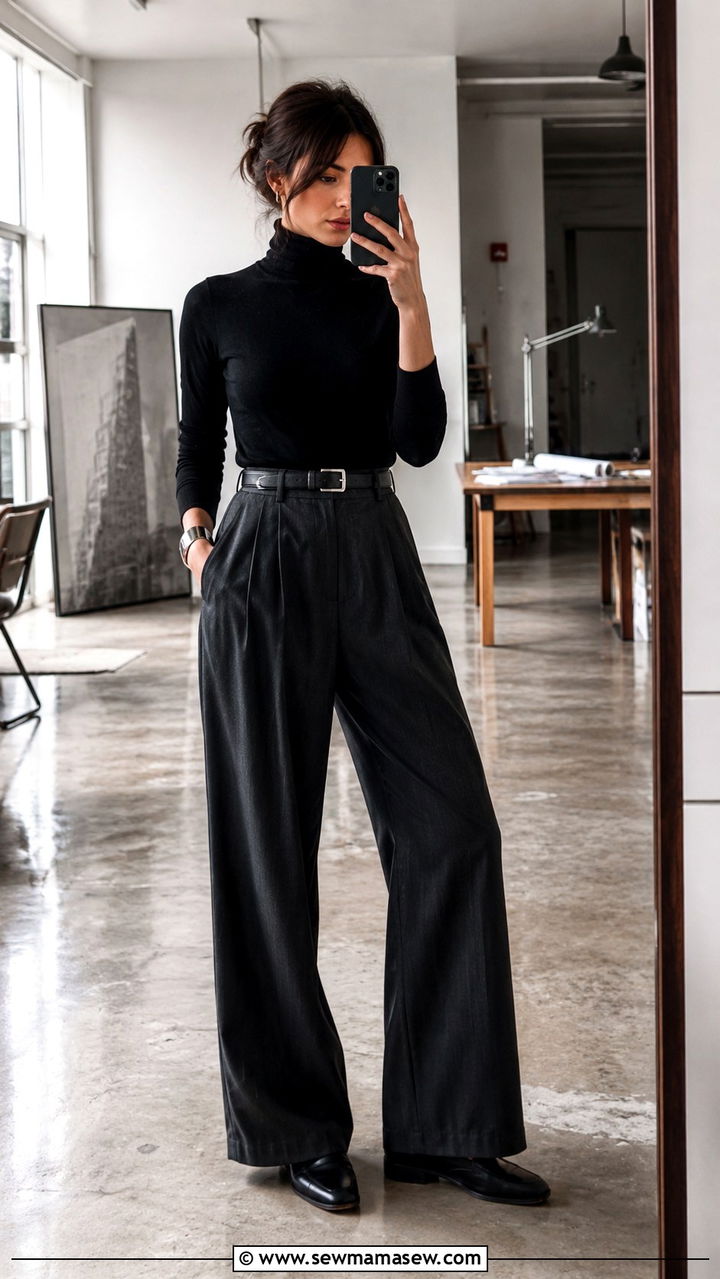 Black turtleneck with charcoal wide leg pants - 20 Architect outfit ideas