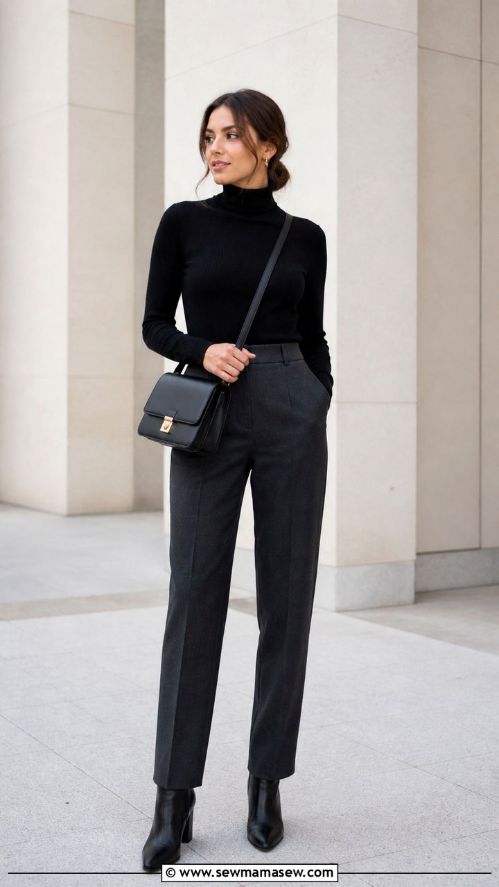 Black turtleneck with charcoal wool trousers - 40 elegant outfits