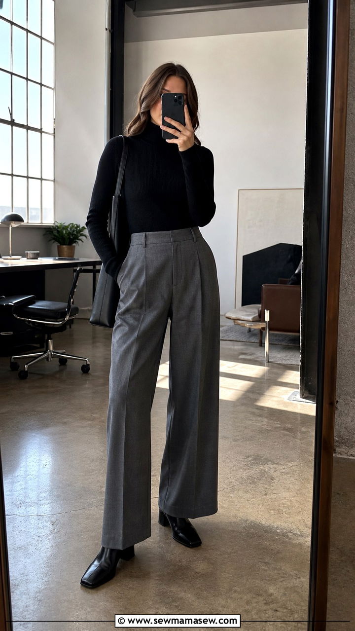 Black turtleneck with gray wide leg trousers - 40 Chic work outfit ideas