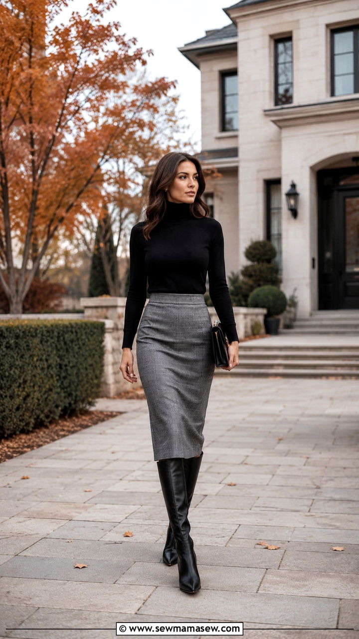 Black turtleneck with grey pencil skirt and knee high boots - 30 Real estate agent outfit ideas