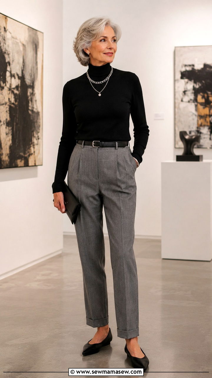 Black turtleneck with grey tailored trousers and silver jewelry - 30 Chic outfits for women over 60