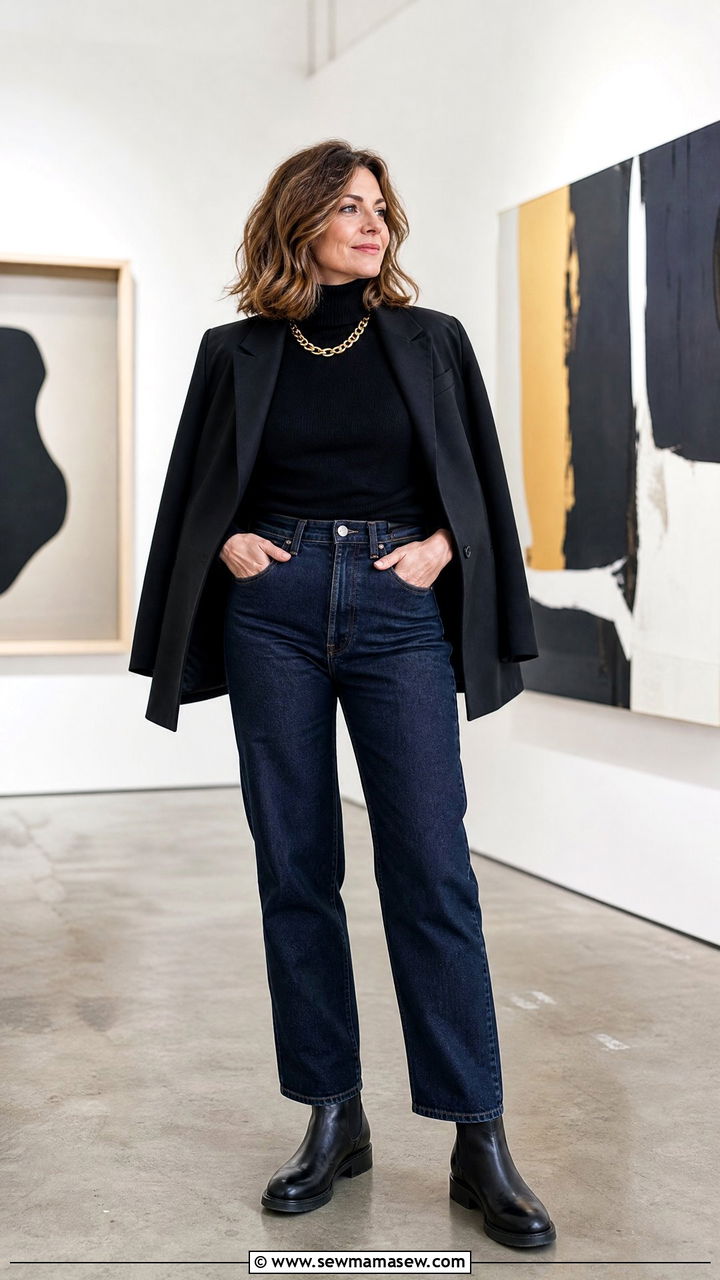 Black turtleneck with high waisted dark denim - 35 French girl outfit ideas for women over 40