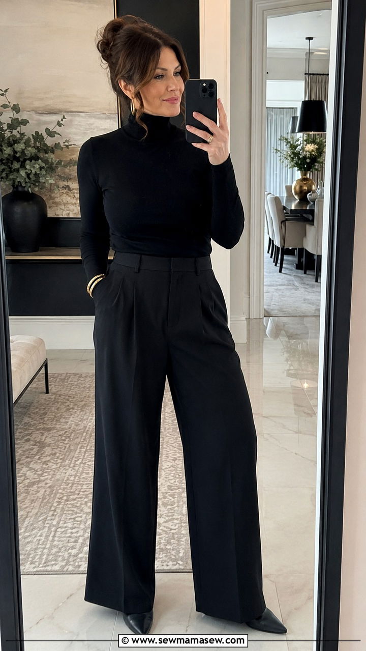 Black turtleneck with high waisted wide leg trousers - 30 parisian outfit ideas for women over 40