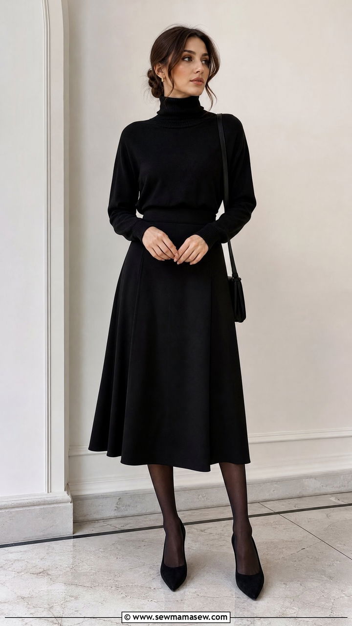 Black turtleneck with midi skirt - 35 Funeral outfit ideas for women