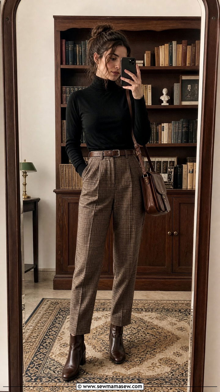 Black turtleneck with plaid trousers outfit - 30 dark academia outfits ideas