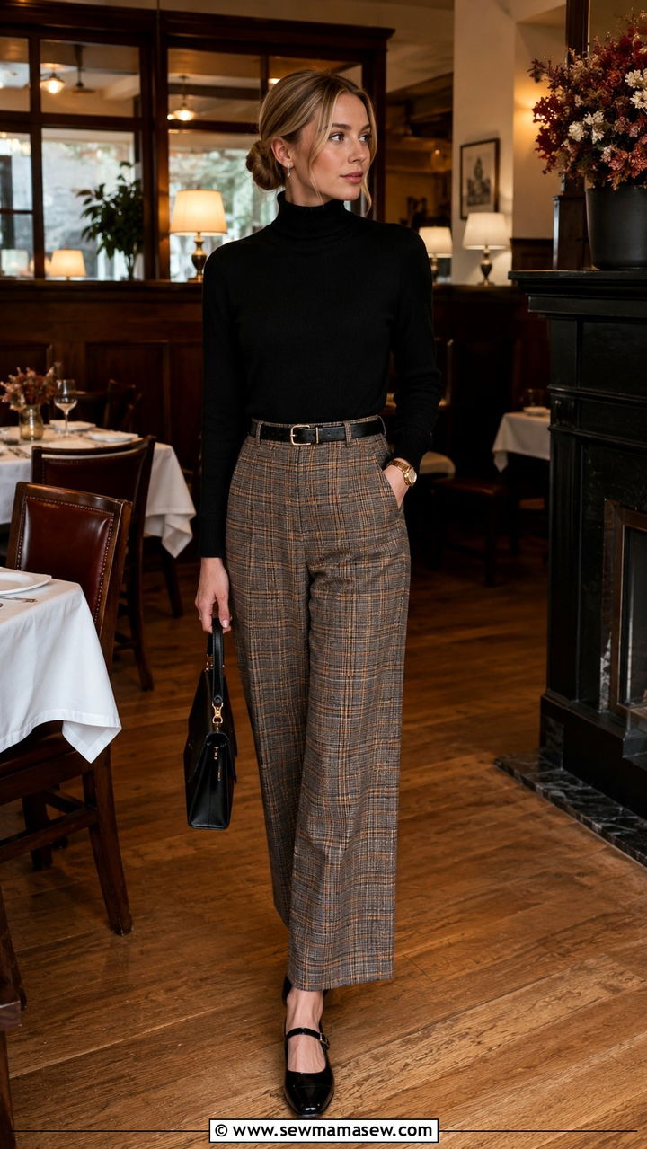 Black turtleneck with plaid trousers - 25 Old money outfit ideas with Mary Jane flats