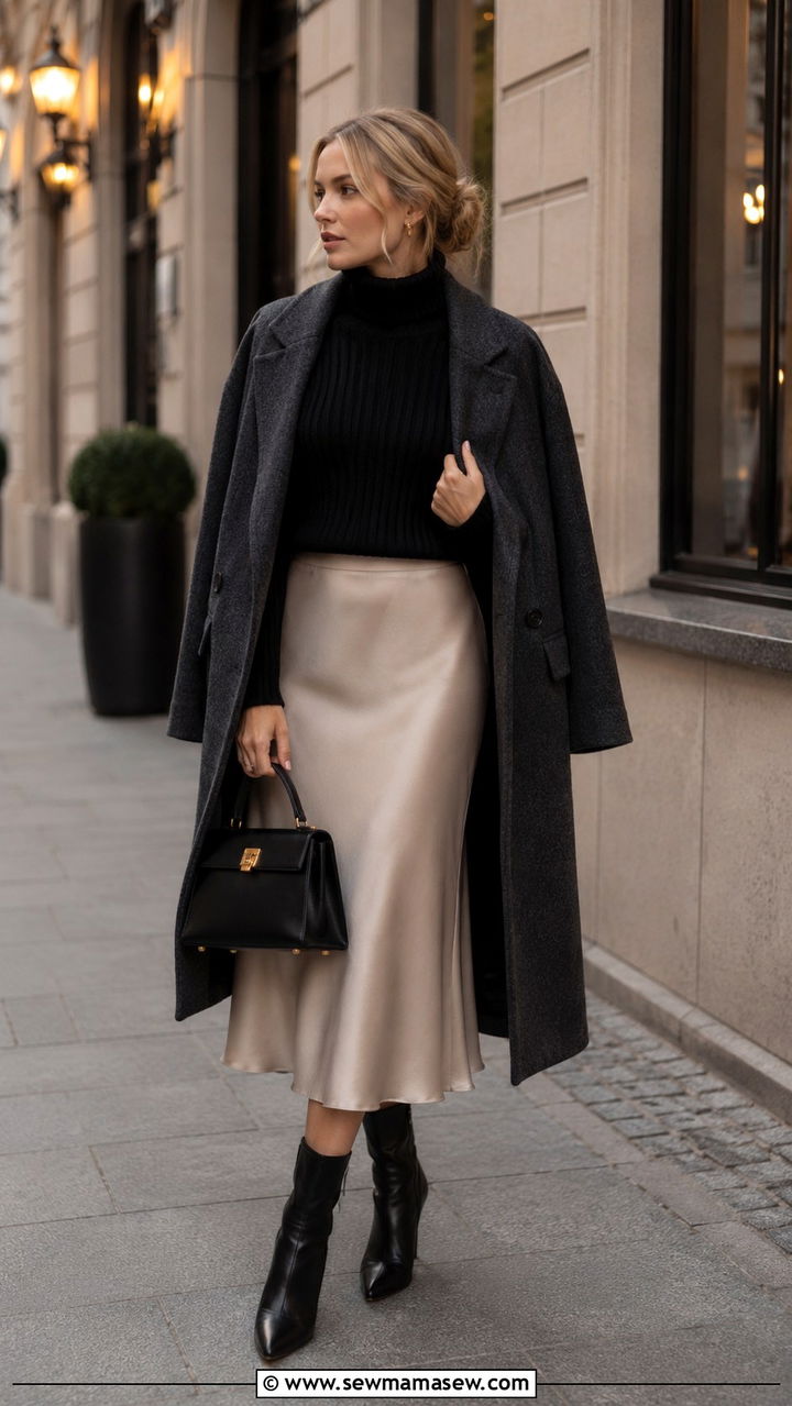Black turtleneck with satin midi skirt and ankle boots - 25 Scandinavian cozy outfit ideas