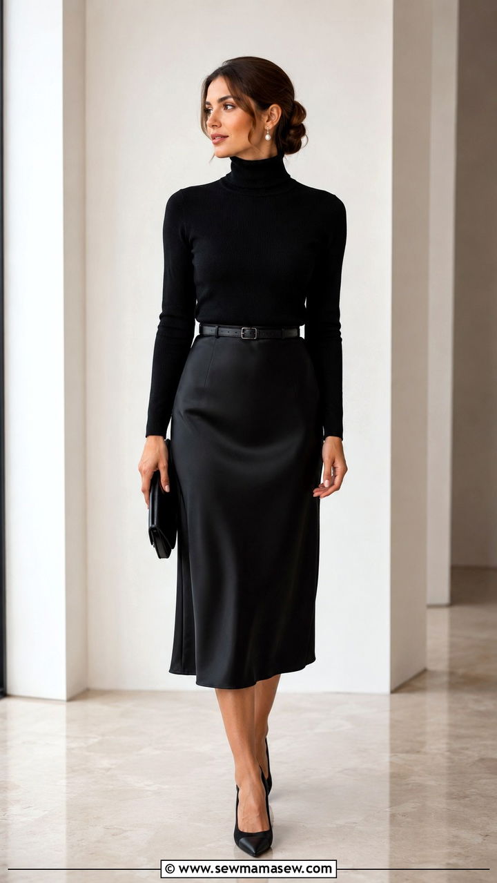 Black turtleneck with satin midi skirt - 30 minimalist outfits for women