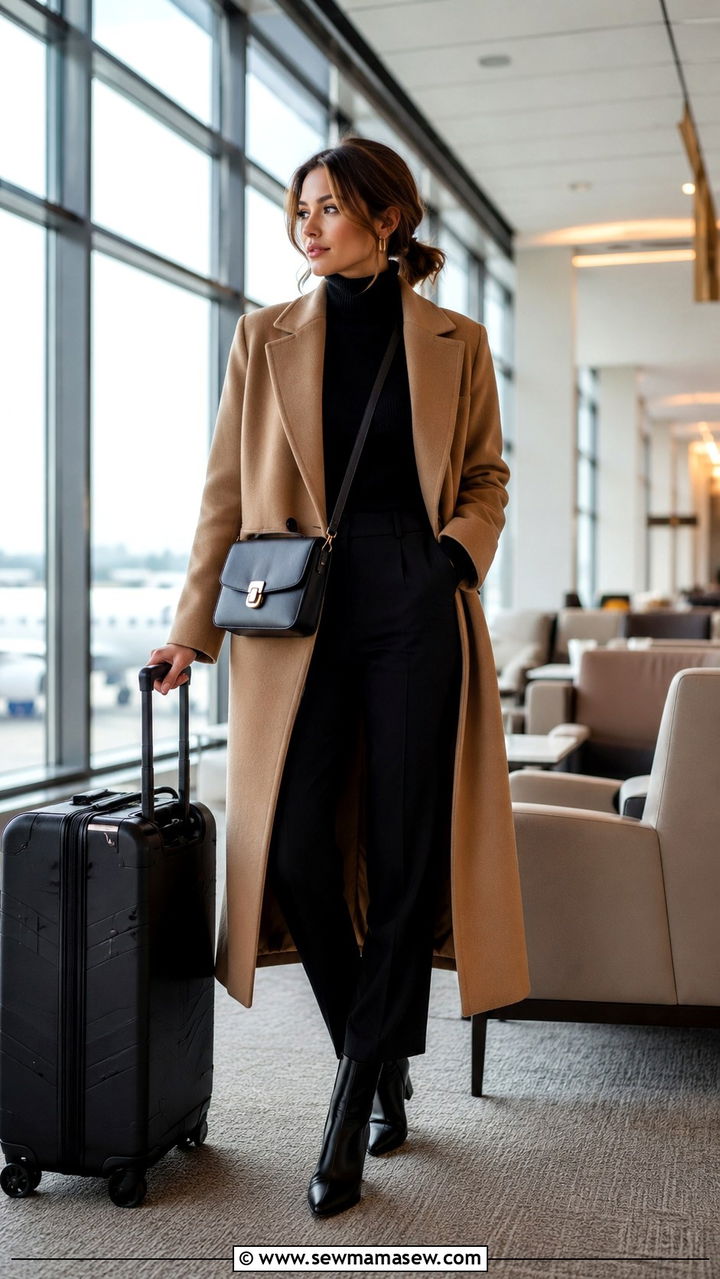 Black turtleneck with tailored trousers and long wool coat - 30 Quiet luxury outfit ideas for airport