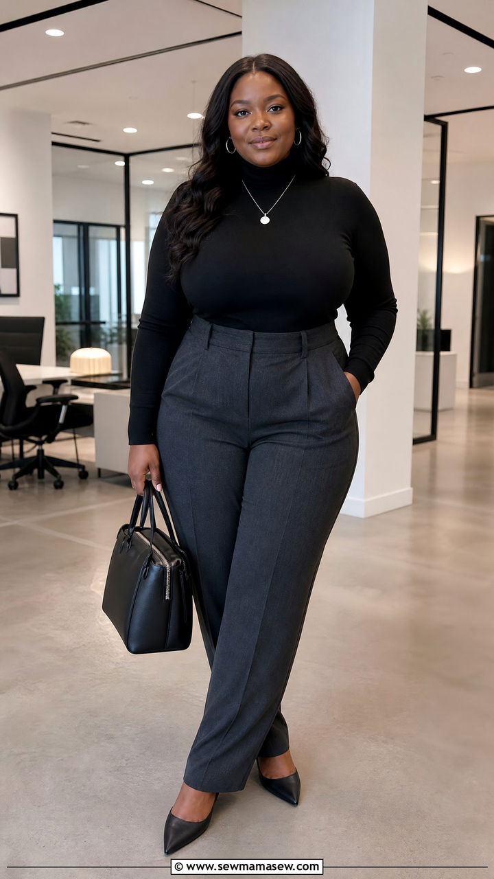 Black turtleneck with tailored trousers and pointed toe flats - 30 Clean girl outfit ideas plus size