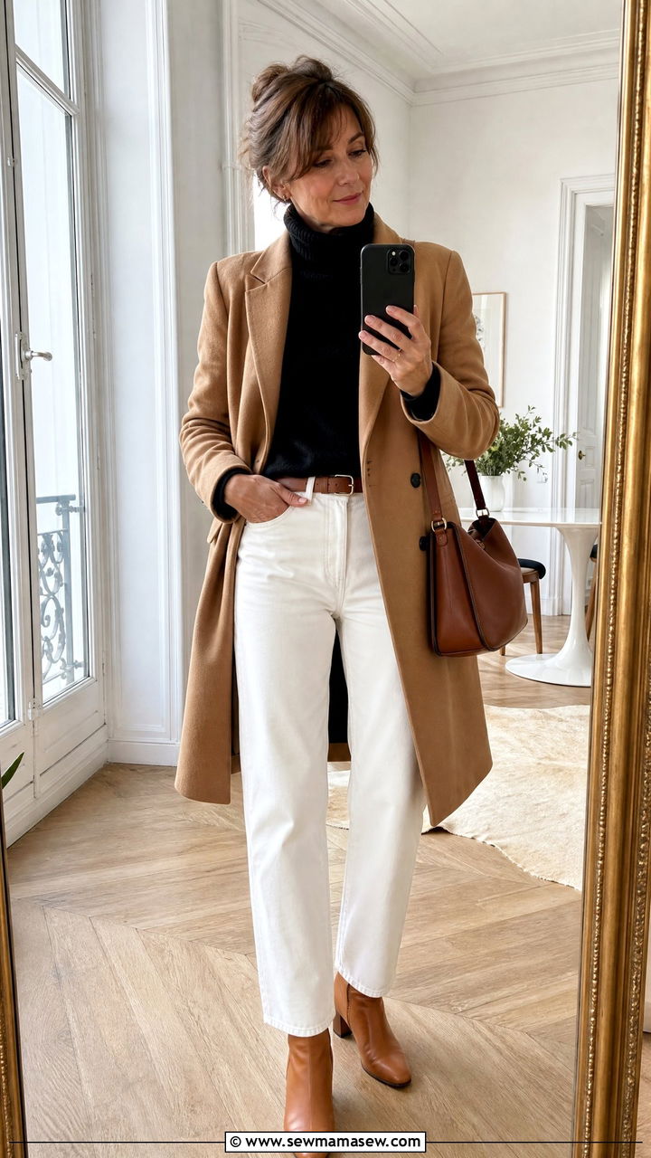 Black turtleneck with white jeans and camel coat - 35 French girl outfit ideas for women over 50