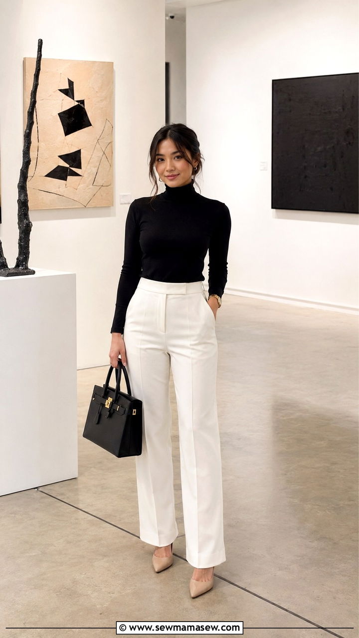 Black turtleneck with white trousers - 25 Petite outfit ideas for brunch