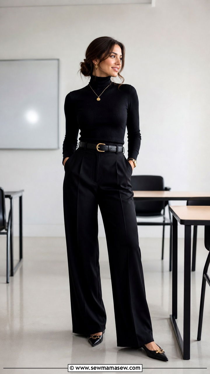Black turtleneck with wide leg trousers - 40 classy teacher outfits