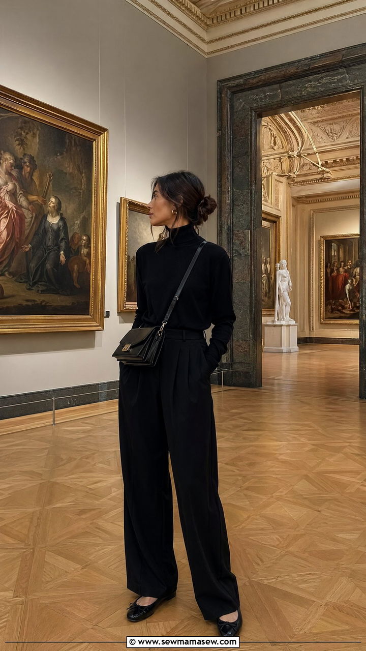Black turtleneck with wide leg trousers and ballet flats all black museum day outfit - 35 Europe travel outfits for women