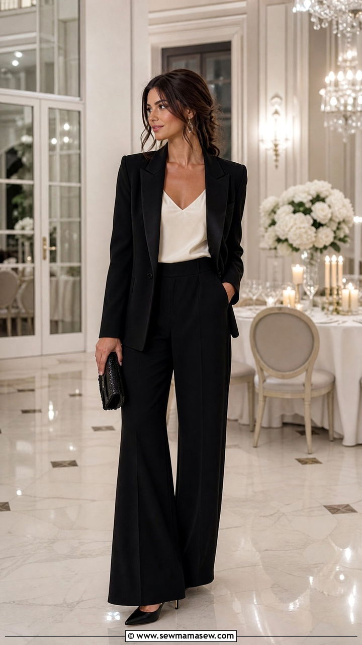 Black tuxedo blazer with silk camisole and wide leg trousers - 25 How to style a blazer for a wedding