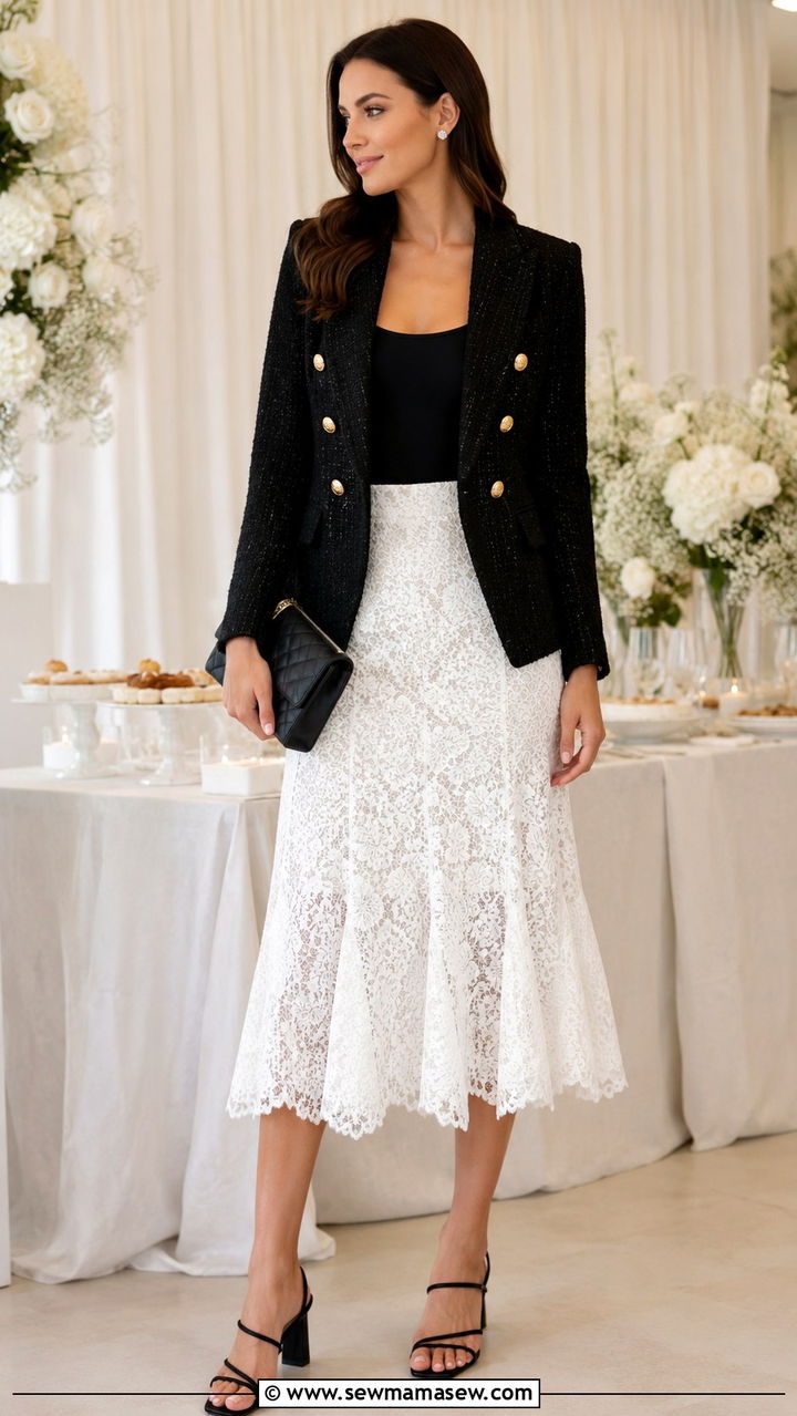 Black tweed blazer with white lace skirt - 20 Tweed blazer outfit ideas with a skirt