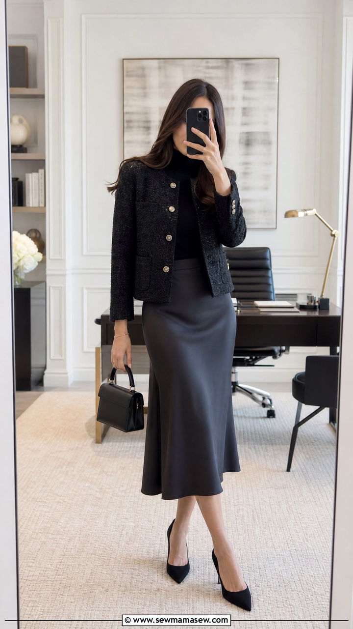 Black tweed jacket with satin skirt outfit - 25 Female lawyer outfit ideas