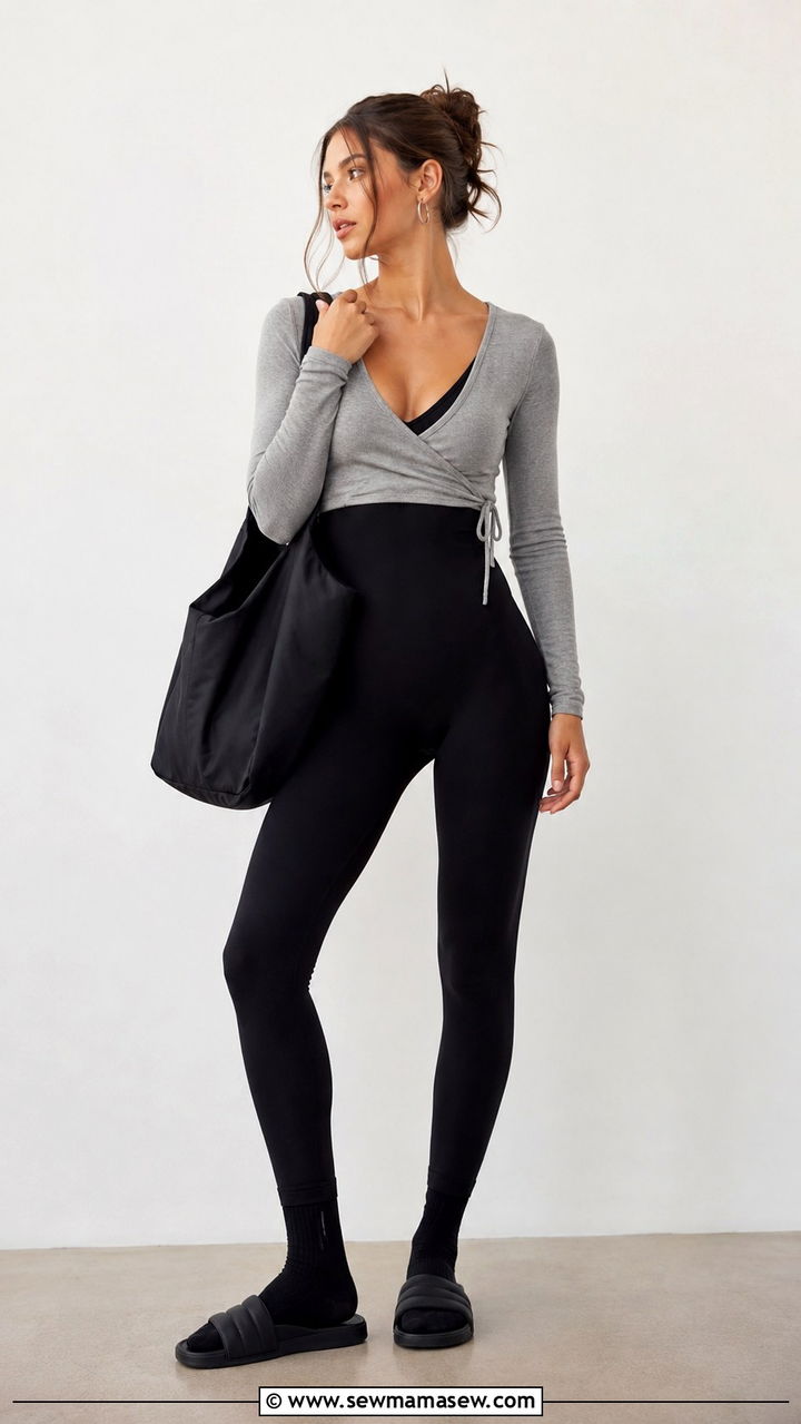 Black unitard with cropped wrap top - 25 Pilates girl outfit ideas
