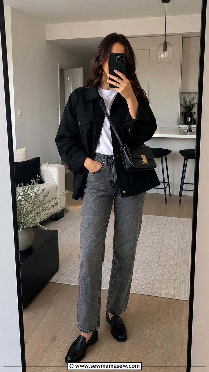 Black utility jacket with grey jeans and loafers - 30 spring utility jacket outfit ideas