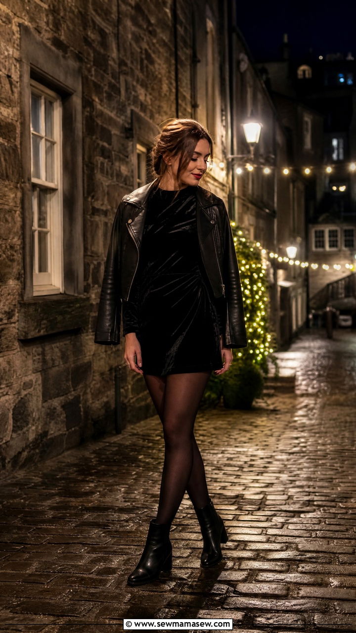 Black velvet dress and ankle boots - 30 Edinburgh outfit ideas