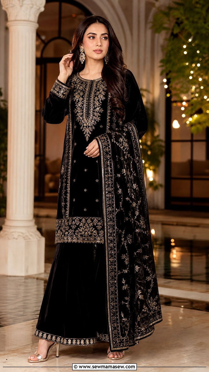 Black velvet sharara suit with heavy dupatta - 25 Iftar party outfit ideas